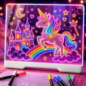 Geokay 16" Rechargeable LED Drawing Board with 9-Color Light Effects Birthday & Christmas Gift Idea for Girls/Boys/Kids/Teens, Doodle Neon Glow Pad with Built-in Stand Tracing Book & 7 Markers
