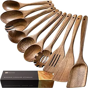 Wooden Spoons for Cooking, 10-Piece Acacia Wood Cooking Utensil Set | Spoons and spatulas stir, mix, flip and serve; balanced handles offer control while staying gentle on nonstick cookware.