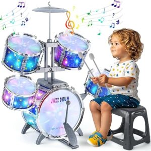 LinseyFun Upgraded Kids Drum Set for Toddlers 3-5, Light-up Jazz Drum Toy Upgraded Kids Drum Set for Toddlers 3-5, Jazz Ages 4-6, Star Light up Musical Instrument Toy for Boys Girls 5-7 (All Plastic)