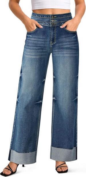 roswear Women's High Waisted Wide Leg Jeans Stretchy Denim Pants, 11inch High Rise, Large Cuffed, Soft Material, Casual Everyday Wear, Machine Wash Cold
