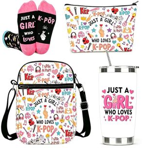 K-Pop Gift Set for Girls - 4-in-1 Bundle Includes 20oz Vacuum Insulated Tumbler, Crossbody Phone Bag, Makeup Pouch, and Aesthetic Cotton Socks - Trendy Korean Idol Style Merchandise Fans Gifts Bundle