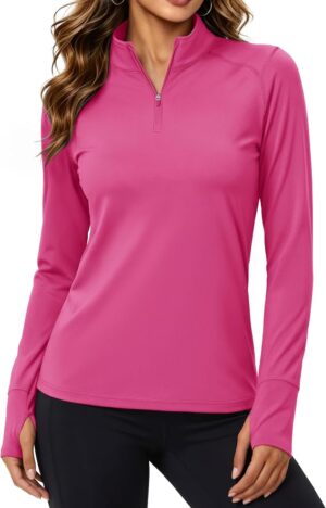 MAGCOMSEN Quarter Zip Pullover Women Fleece Top Athletic Running Sweatshirt Thumb Hole, 1/4 Zip, Long Sleeve, Thermal Shirt, Golf, Active, Workout, Warm, Lightweight, Reflective Strip, Cozy, Base Layer