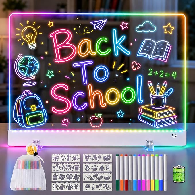 19" Large Led Drawing Board Rechargeable for Girls Kids Gifts Ideas Back to School Gifts for Students, Acrylic Light Drawing Tablet, Doodle Glow LED Note Board Neon Art, 12 Markers & 8 Stencils