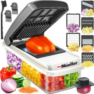 Mueller Vegetable Chopper Mandoline Slicer, Food Veggie Chopper Cheese Grater, Onion Vegetable Cutter with Container, Dicer, Kitchen Gadgets & Essentials, White Sand/Grey