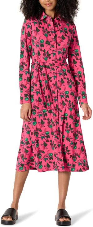 Amazon Essentials Women's Regular-Fit Matte Jersey Midi Length Dress with Classic Collar, Button Front, Removable Belt