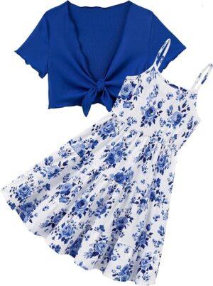 RAISEVERN 7-14Y Girls Adjustable Strap Cami Dress with Cardigan 2 Piece Set