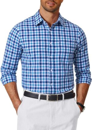 COOFANDY Mens Long Sleeve Button Down Shirts Wrinkle Free Dress Shirts Slim Fit Cotton Plaid Shirt
