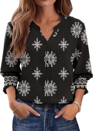 LOMON Button Down Shirts for Women 3/4 Length Sleeve Business Casual Blouses 2026 Summer Tops