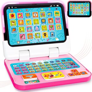 Kids Laptop Tablet for Toddler 1-3, 2-in-1 Toy Computer Learning Toys Educational Toys with Lights Sounds for Baby 12-18 Months, 1st Christmas Birthday Travel Gifts for Girls 1 2 3 Year Old, Pink