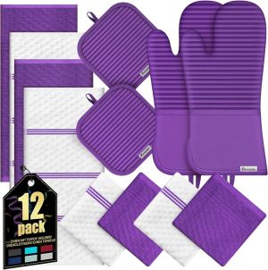Oven Mitts Kitchen Towels and Dishcloths with Pot Holders Sets, Oven Gloves Hot Pads 500°F Heat Resistant with Silicone Grip, Include 2 Cooking Gloves/2 Potholders/4 Kitchen Towels/4 Dish Towels