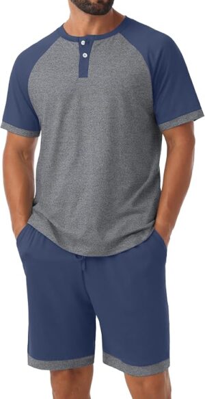 Men's Henley Pajama Sets 2 Piece Lounge Sleepwear Soft Sleep Summer Pjs S-4XL,True to Size, Breathable,Pockets,Comfy Stretch Pyjamas for Men No Shrink Short Sleeve Henley Shirts for Men