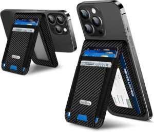 For Magsafe Wallet Stand, Fit 9 Cards, Strongest Magnetic Wallet RFID Blocking, Leather Magnetic Phone Wallet for iPhone 17/16/15/14/13/12 Series, ID Window, 4 Card Slots, Black Carbon Fiber