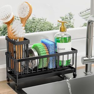 Cisily Sponge Holder for Kitchen Sink, Sink Organizer with Brush Holder | Kitchen Countertop Organizers and Storage Essentials, Rustproof 304 Stainless Steel (Black, 9.25″)