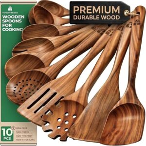 Wooden Spoons for Cooking, 10 Pcs Teak Wood Utensil Set for Nonstick Durable, Heat Resistant & Food-Safe with Ergonomic Handles – Woodenhouse Kitchen Cookware