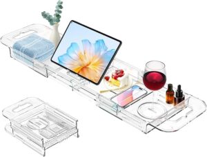 Expandable Drain Bath Caddy Tray for Tub, YOCOMEY Multifunctional Acrylic Bathtub Tray Bathroom Organizer, Simple Bathtub Table Trays Storage Rack for Candle Towel Book Wine Phone Shower(Clear)