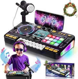 OZMI Kids DJ Music Mixer Table Board Set Toy with Microphone, Lights – Interactive Musical Toys for Ages 3-12 | 100+ Sounds, Piano Keys, Disco Mode, Rechargeable for Kids Boys & Girls