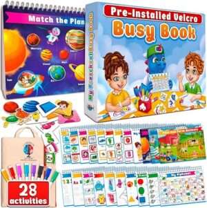 Curious 2 Learn Busy Book for Toddlers 3-5 – Montessori Preschool Learning Activities, Velcro Sensory Toy, Travel Toys Airplane Car, 28 Activities with Carry Bag & Markers – Pre-K Gift Boys Girls