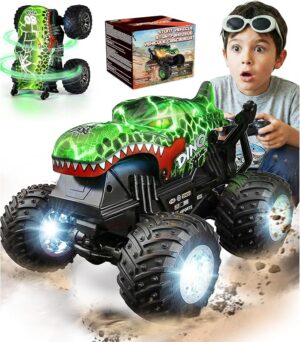 BEZGAR 1:20 Monster Truck Toys, 360°Stunt RC Cars with Music and Light Green Dinosaur Toys with 2 Batteries and Wireless LED Strobe Lights, Remote Control Car with Glowing wheels for boys