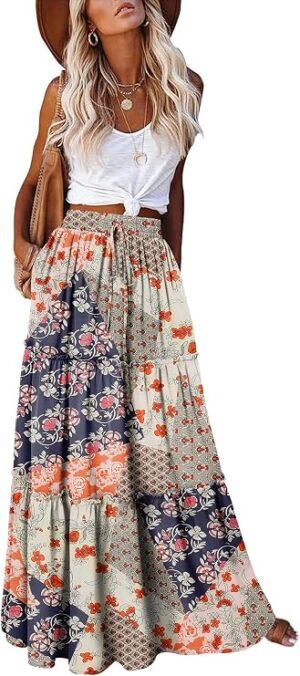 onlypuff Maxi Skirt for Women Boho Western Skirts High Waist Long Skirt with Pockets Fall Festival Outfits Clothing