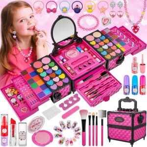 99 Pcs Kids Makeup Kit for Girls, Princess Toys Real Washable Cosmetics Set Mirror, Hair Ties, Nails, Rings, Earrings, Necklace, Perfect for 3 4 5 6 7 8 Year Old Girls Birthday