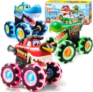 JOYIN 3 Pack Monster Truck Toy - Motion Activated Light Up Cars for Toddlers - Monster Glow Rover LED Wheels - Baby Boy Toys - Press and Go Dinosaur Trucks for Kids Boy Birthday Gifts