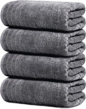4 Piece Extra Large Bath Towels 30 x 60 Inches, Dark Grey 100% Cotton, Larger & Lighter Weight, Quicker to Dry, Super Soft and Absorbent, Perfect for Bathroom