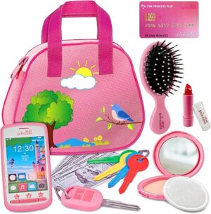 Toddler Play Purse for Kids, Toys for Girls Ages 3 4 5 6 Girl Birthday Gift Dress Up Toy Purse for Little Toddler Girls and Kids, Includes Pretend Makeup, Keys, Smartphone and More, Girls Toys Ages 3-5