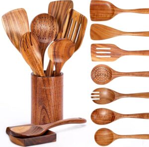 Mooues Wooden Kitchen Utensil Set, 9 Piece Natural Teak with Spoon Rest Wooden Cooking Utensils with Comfort Grip, Smooth Durable Heat Resistant Cooking Spoons and Utensils Holder for Cooking