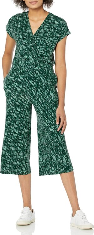 Amazon Essentials Women's Short-Sleeve V-Neck Surplice Cropped Wide-Leg Jumpsuit with Elastic Waist