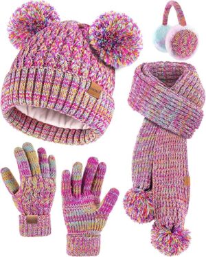 HONGTEYA 4PCS Kids Girls Winter Hat Gloves Scarf Earmuffs Set Aged 3-15Y