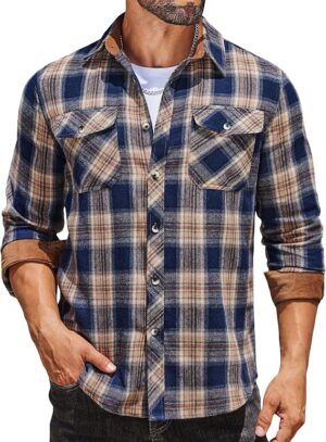COOFANDY Mens Lightweight Flannel Long Sleeve Casual Work Plaid Shirts